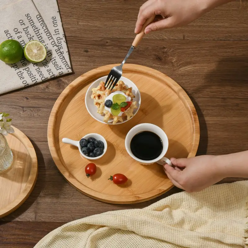 Food Tray Round Serving Bamboo Wooden Tray Dinner Trays Tea - Temu